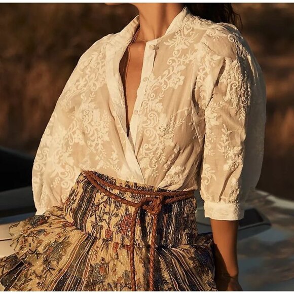 Anthropologie Pilcro Bella Femme Cotton Embroidered 3/4 Balloon Sleeve Blouse - Picture 1 of 16